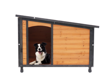 46"Dog House Outdoor & Indoor Heated Wooden Dog Kennel for Winter with Raised Feet Weatherproof for Large Dogs(Gold red and black)PVC waterproof roof(